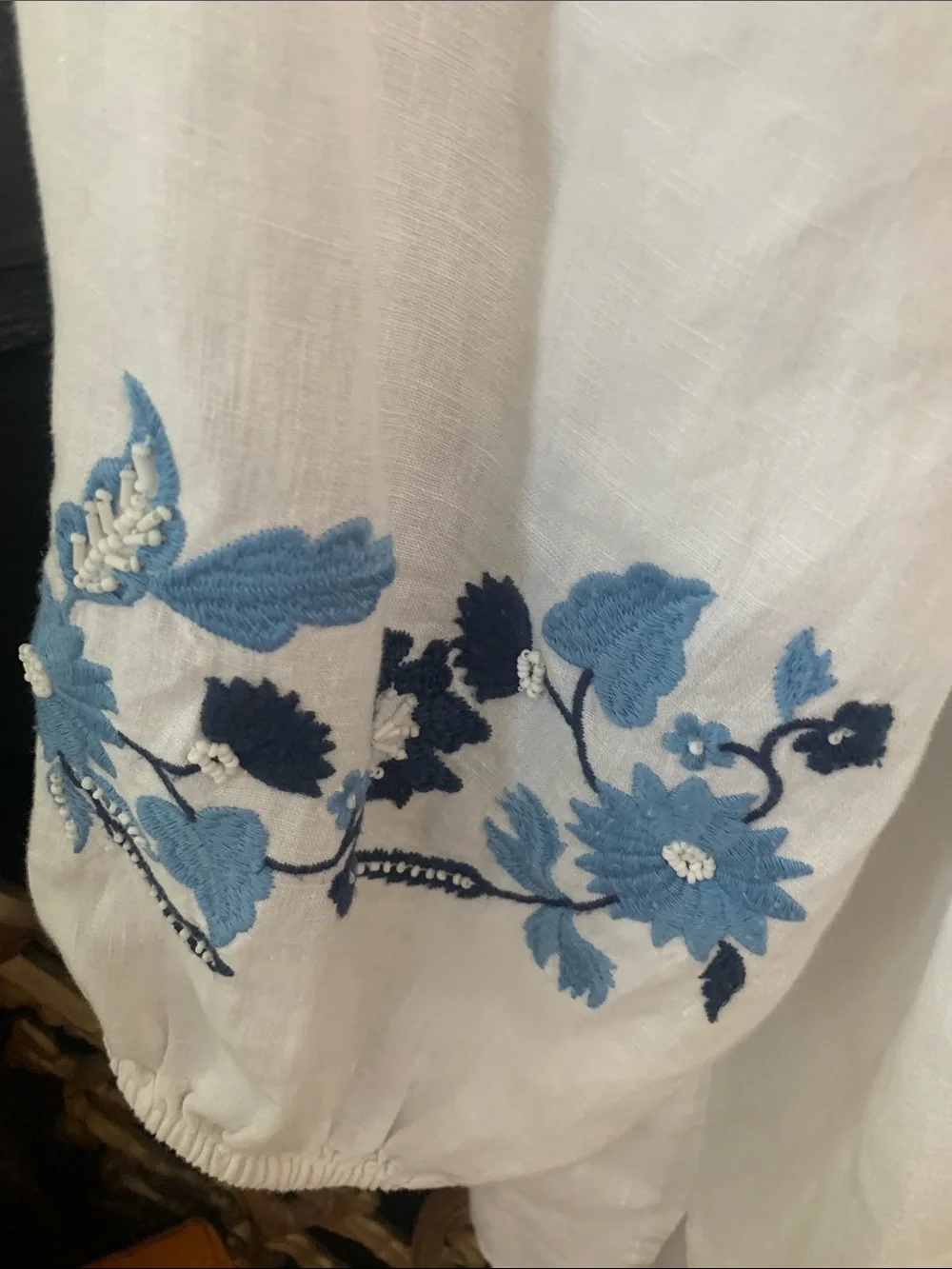 Charter Club White Peasant Blouse with Blue Floral Embroidery - Picture 5 of 7